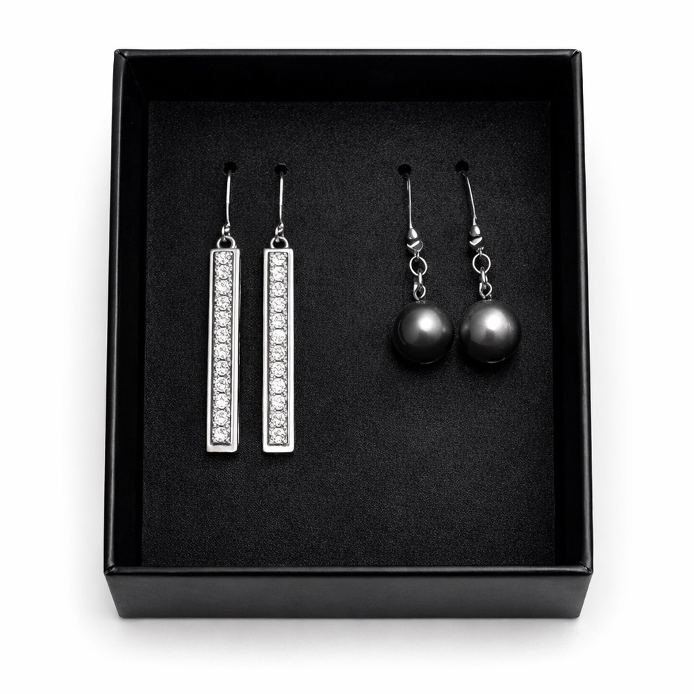 Silver Rhinestone Bar Drop Earrings & Gray Pearl Dangle Earrings Set | 2 Pai